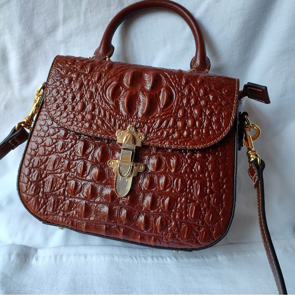 Brown Structured Crocodile Pattern Leather Handba… - image 5